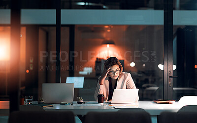 Buy stock photo Business woman, stress and laptop in office for corporate communication, internet research and networking. Female person, technology and frustrated working late night for project planning and email