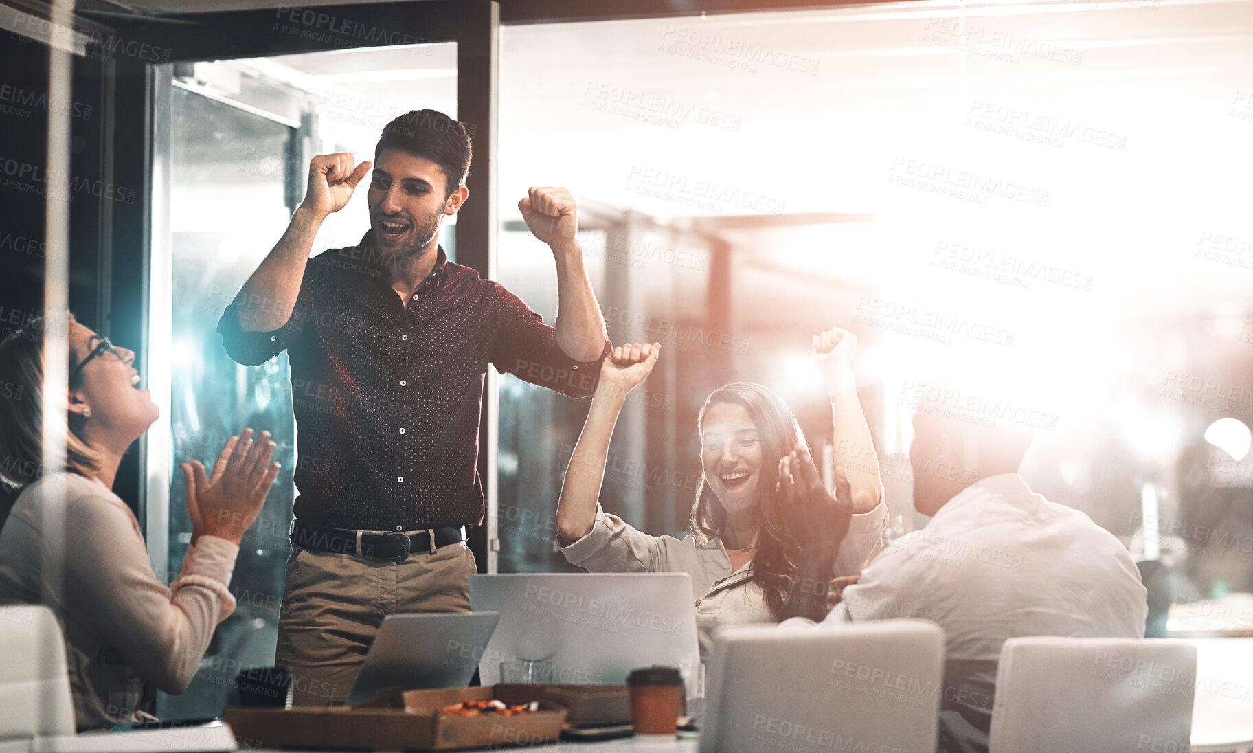 Buy stock photo Business people, excited and celebration for success in office with company investment and stock market bonus. Teamwork, employees and support for trading achievement with tech and happy in boardroom