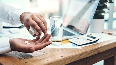 Buy stock photo Water, hands and businessman with pills in office for headache, migraine or pain treatment. Healthcare, medication and sick male accountant drinking h2o liquid with tablets for cold, flu or allergies