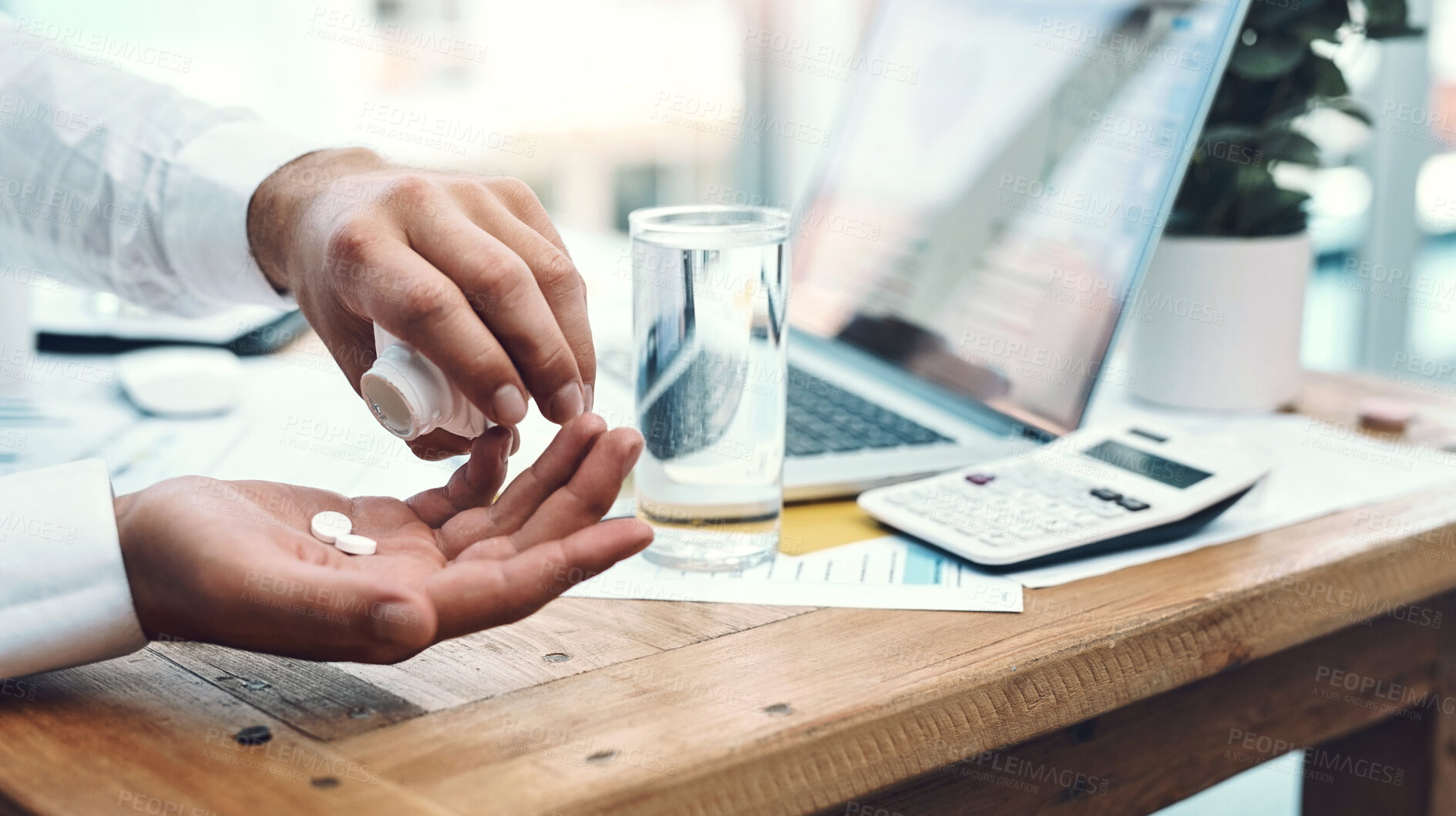 Buy stock photo Water, hands and businessman with pills in office for headache, migraine or pain treatment. Healthcare, medication and sick male accountant drinking h2o liquid with tablets for cold, flu or allergies