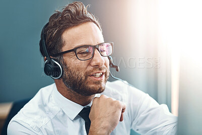 Buy stock photo Businessman, headset and contact center agent speaking, inbound and outbound calls for customer service consultant. Advice, telesales and online assistance in office, communication and microphone