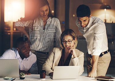 Buy stock photo Business people, teamwork and night in office with laptop for deadline of project, strategy session and commitment for task. Corporate, employees and working late for overtime, online and research.