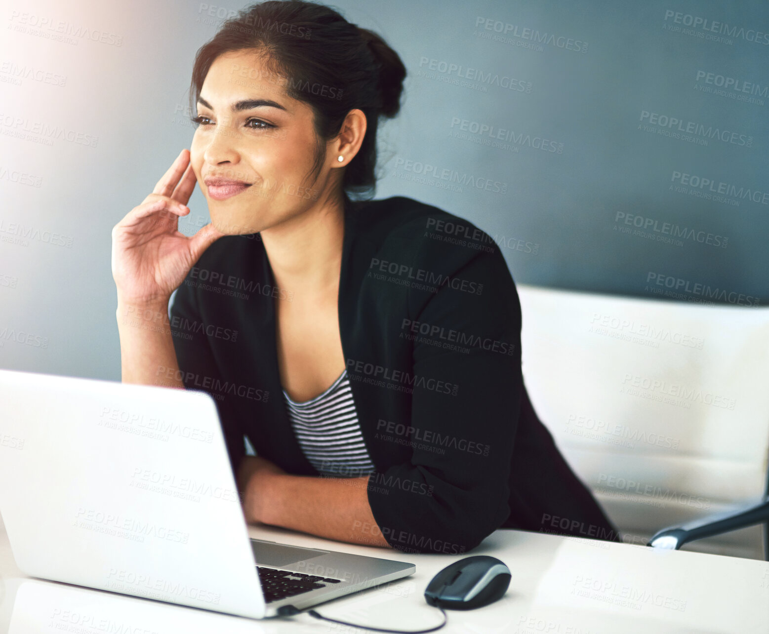 Buy stock photo Business, thinking and woman with laptop, choice and problem solving with solution, decision and smile. Person, employee and journalist with ideas for project, pc and planning for copywriting agency