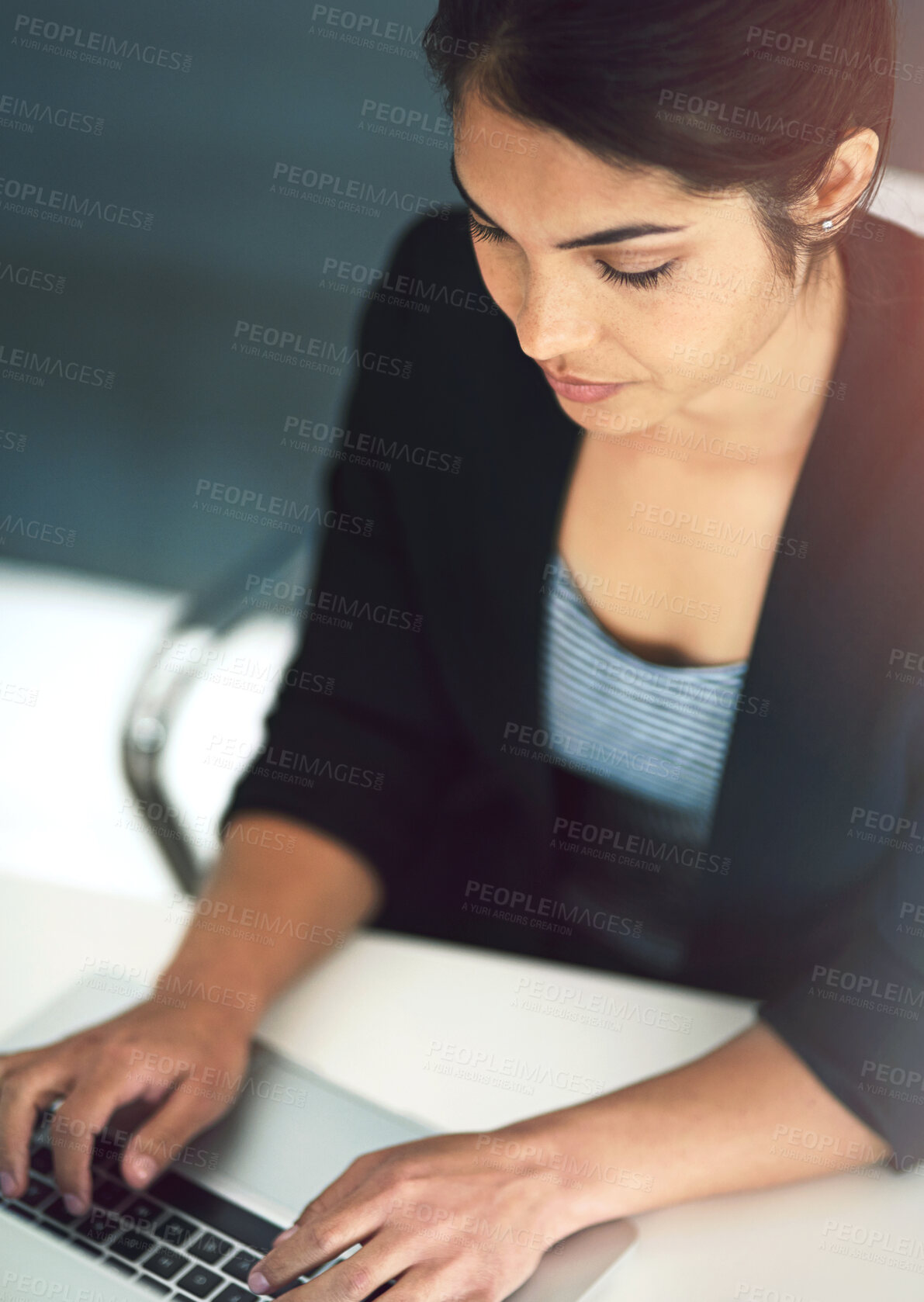 Buy stock photo Business, woman and typing on laptop in office with top view for blog writing, research project and online planning. Entrepreneur, freelance copywriter and technology for company report and proposal