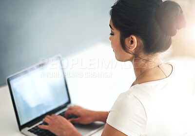 Buy stock photo Office, freelance and business woman with laptop screen for typing, search or article info. Self employed, female journalist and copywriting with computer for remote work, blog post and publish story