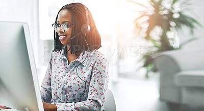 Buy stock photo Call center, black woman and communication for customer support on computer for legal advice and contact us. Consultant, microphone and happy at telemarketing agency with consulting and CRM operator