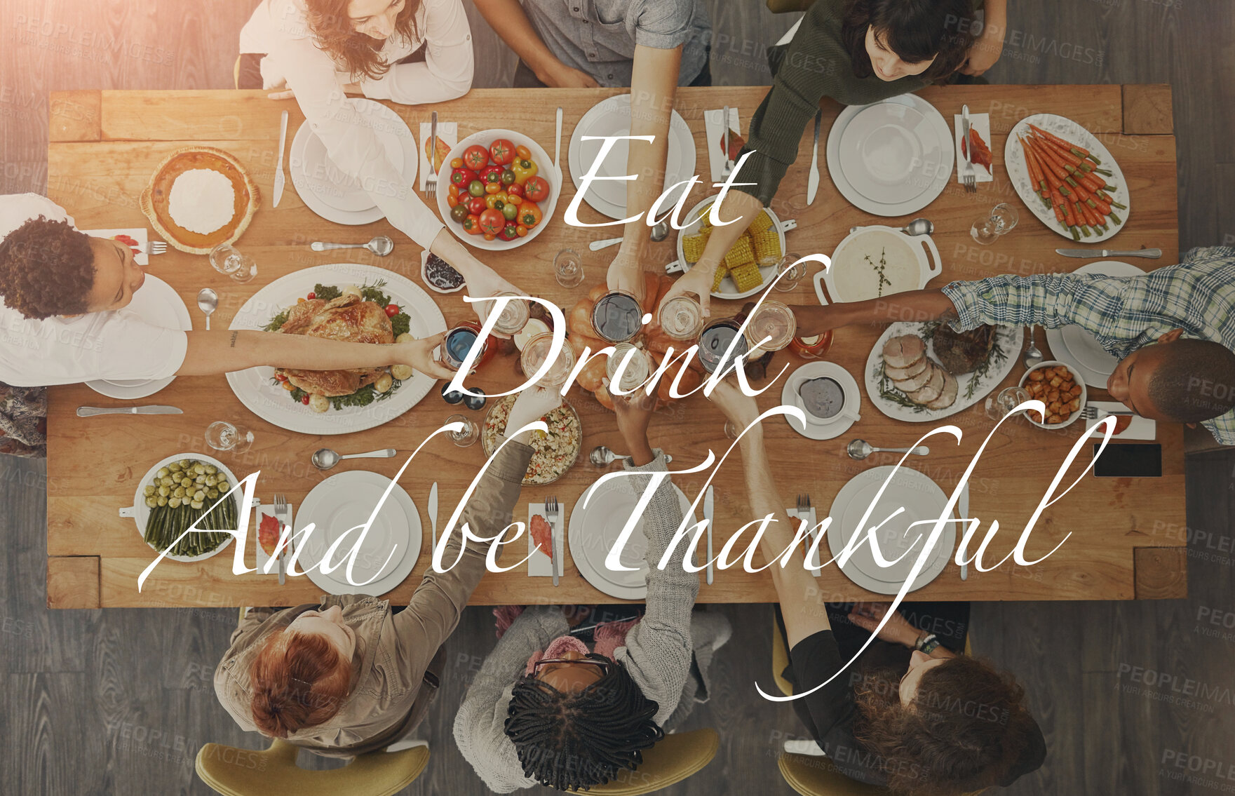 Buy stock photo Thanksgiving, food and above of people with overlay for dinner party, celebration or festive event. Friends, words and family at feast, lunch or gourmet meal for holiday, eating together or Christmas