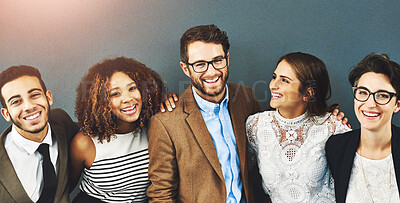 Buy stock photo Business, diversity and smile with group of friends in studio on gray background for collaboration. Corporate, teamwork and face of employee men and women together for career, company or about us