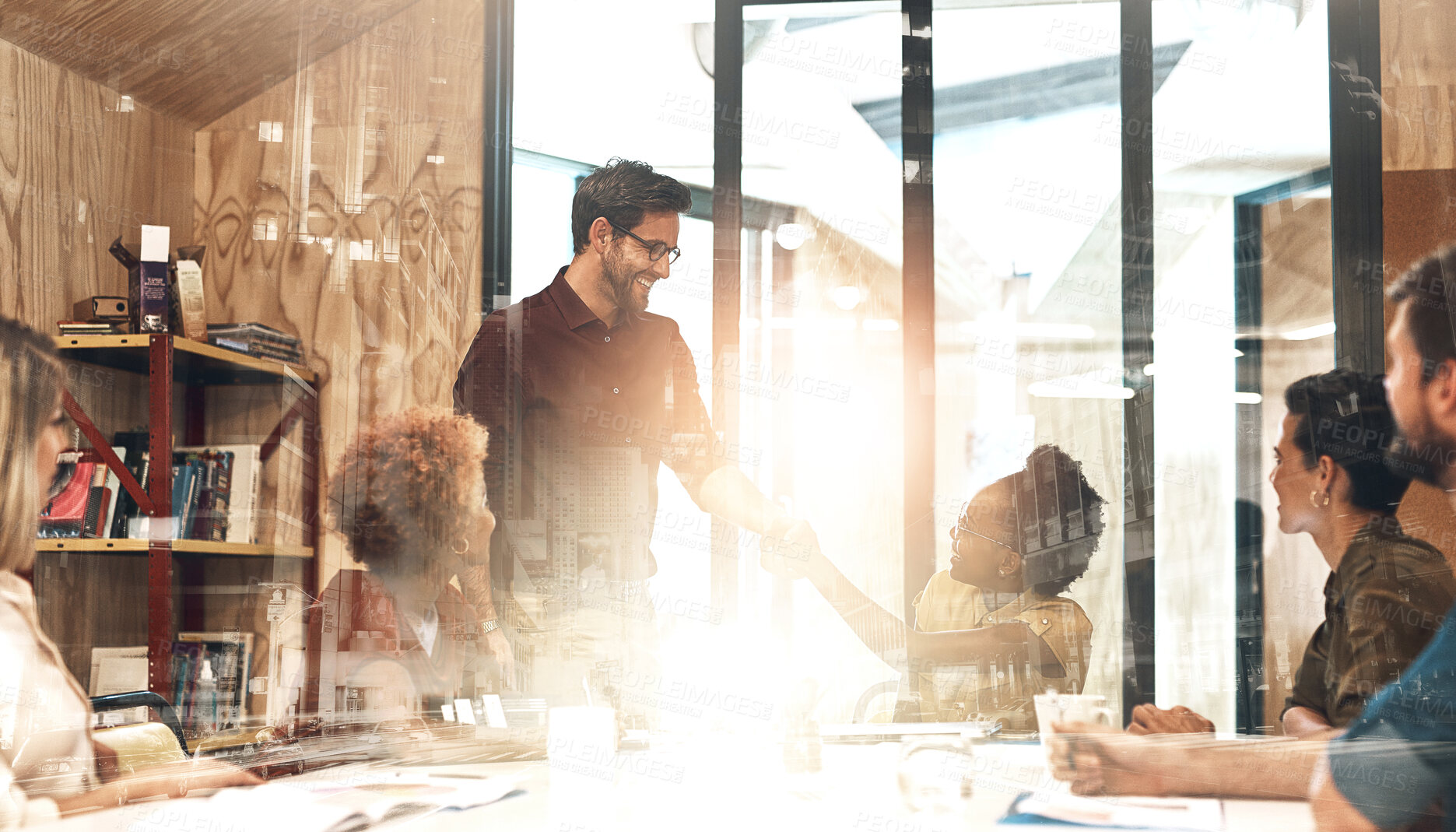 Buy stock photo Group, business people or shaking hands with lens flare or double exposure, conversation with client for sales. Handshake, collaboration or team meeting in office with deal for company in city