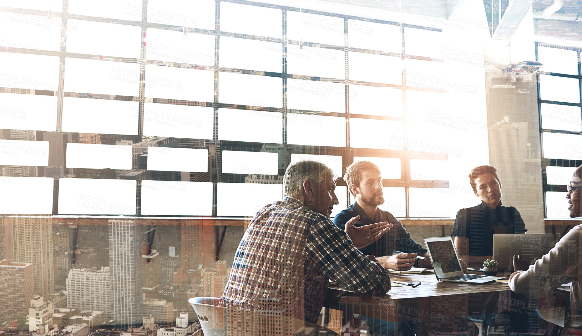 Buy stock photo Group, business people or communication with double exposure of cityscape, meeting with lens flare and workplace. Teamwork, collaboration or startup office with company pitch, strategy or review