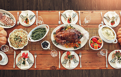 Buy stock photo Thanksgiving, food or top view of turkey table for gratitude, diet and grace holiday lunch in home. Roast, background and festive celebration for dining meal with color, plate or feast for tradition