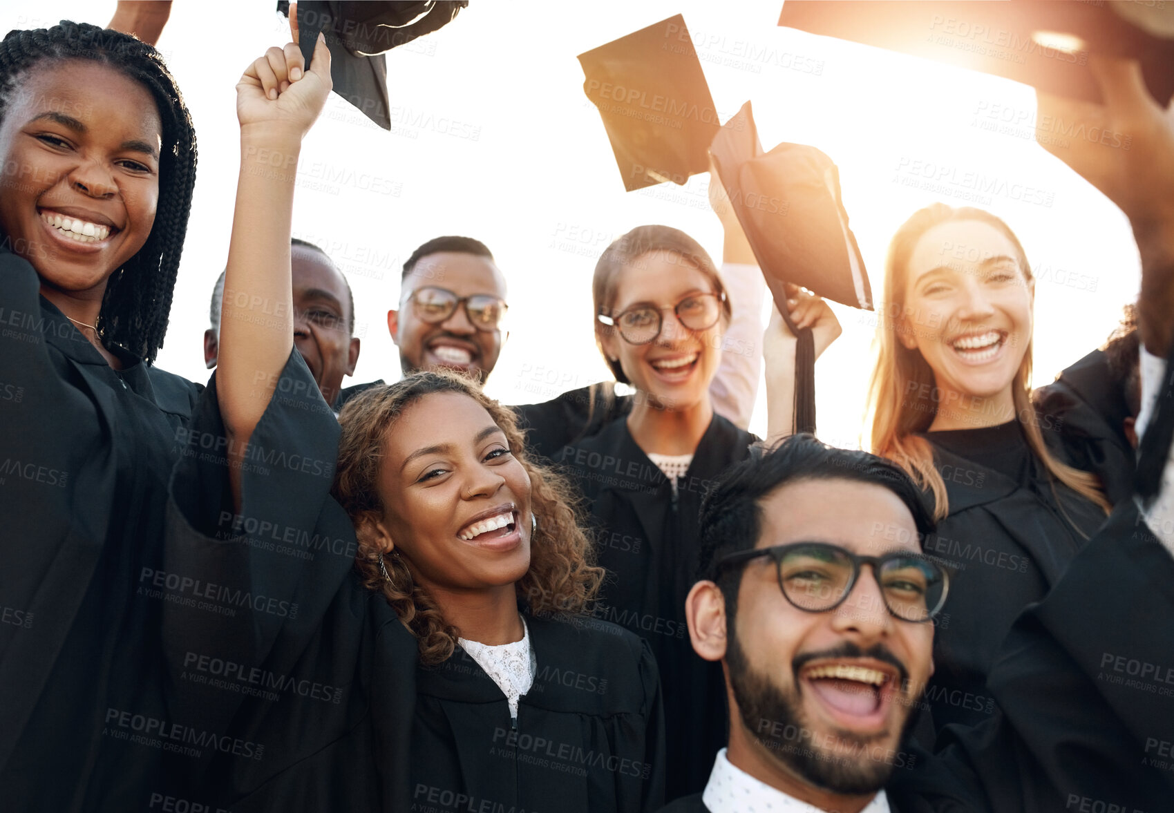 Buy stock photo Celebration, graduation and portrait of student friends outdoor on campus together for ceremony or event. Diversity, education and success with group of happy graduate people cheering for future