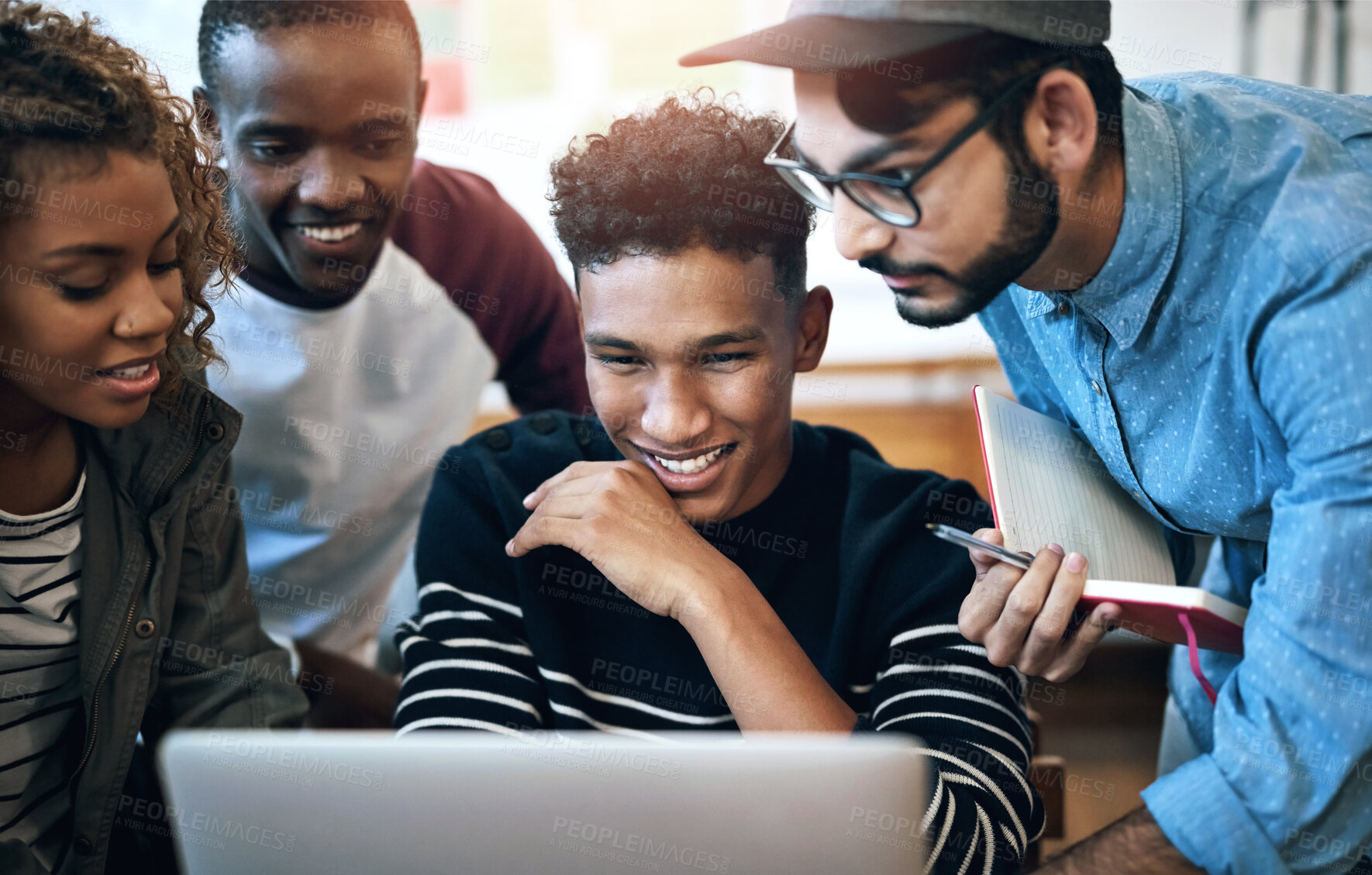 Buy stock photo Students, e learning and laptop for university as group in college or school in class for assignment. Teamwork, people and collaboration with reading on tech for exam, project or tutorial for science