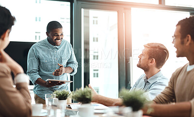 Buy stock photo Tablet, presentation and business people in meeting at office for collaboration on creative project. Ideas, discussion and male graphic designer with research on digital technology for teamwork.