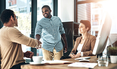 Buy stock photo Shaking hands, agreement and deal in meeting with negotiation, b2b or business contract for onboarding. Greeting, palms and together for interview or welcome, collaboration or teamwork with thank you