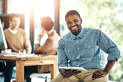 Buy stock photo Tablet, smile and portrait of black man in office with positive, confidence and pride for career. Happy, manager and African male graphic designer with digital technology for research in workplace.