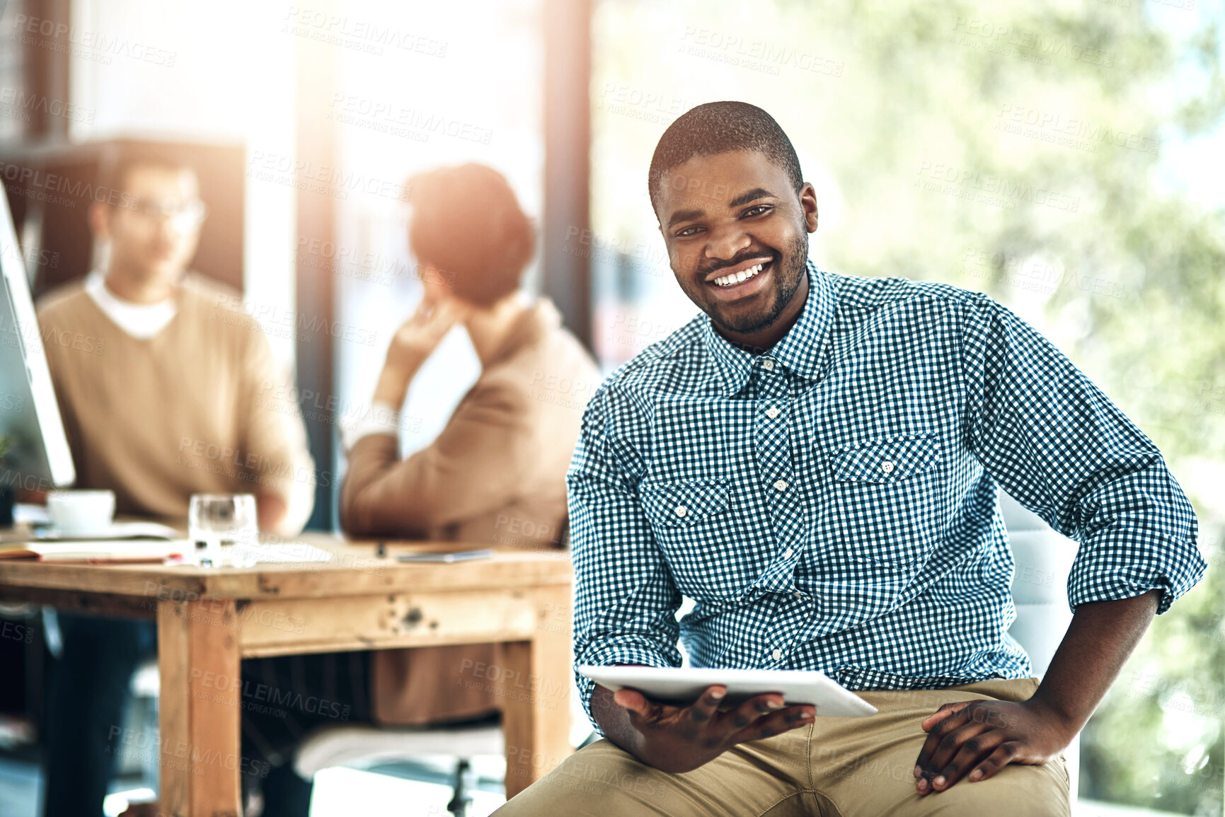 Buy stock photo Tablet, smile and portrait of black man in office with positive, confidence and pride for career. Happy, manager and African male graphic designer with digital technology for research in workplace.