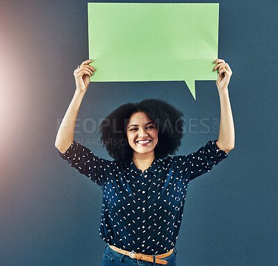Buy stock photo Woman, speech bubble and portrait in studio, background and conversation for opinion. Face, smile and social media by female model for FAQ, communication and news with announcement for contact 