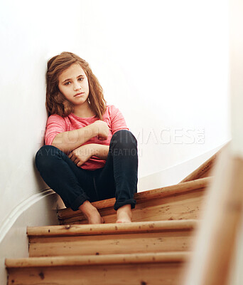 Buy stock photo Sad, child and stairs with portrait upset from family crisis, fight and issue while alone. Young girl, waiting and disappointed from fail and parent divorce with sitting on steps and in trouble