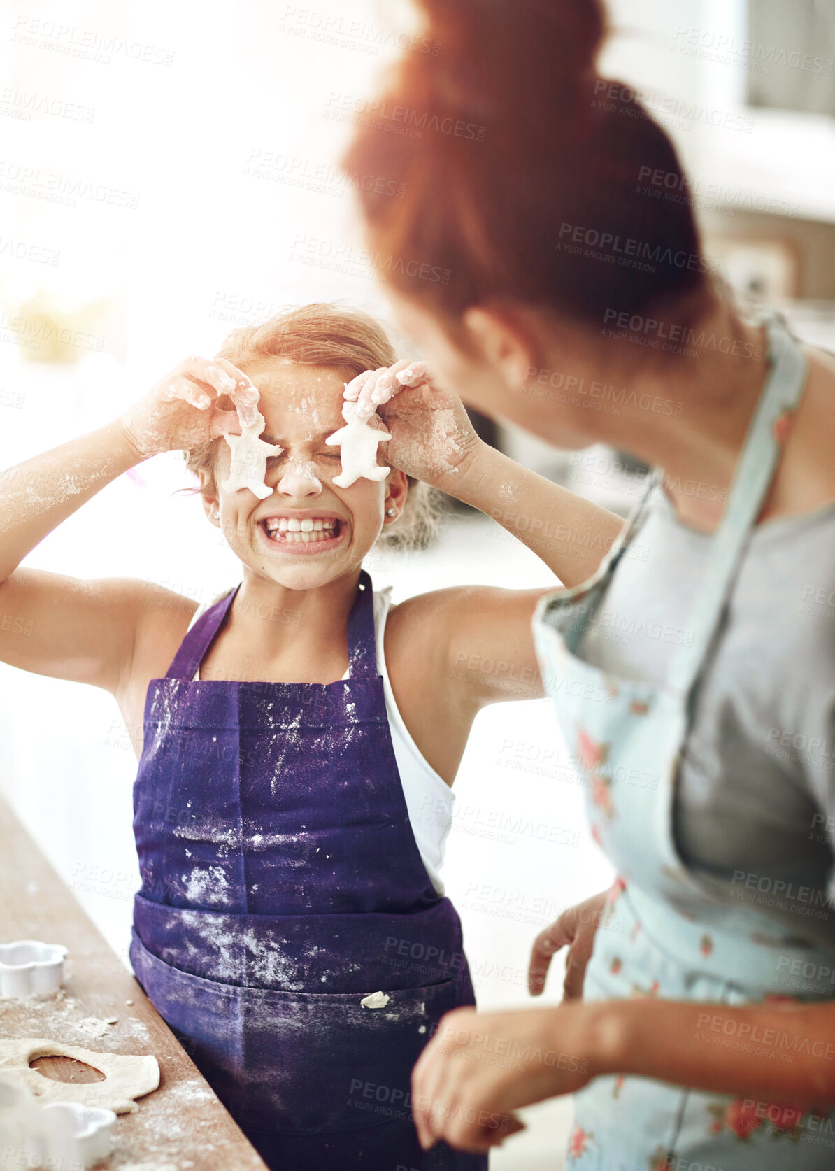 Buy stock photo Mother, play or girl baking with dough in kitchen for child development to prepare cookies in family home. Funny kid, happy mom and learning pastry recipe for bonding or cooking snacks or dessert