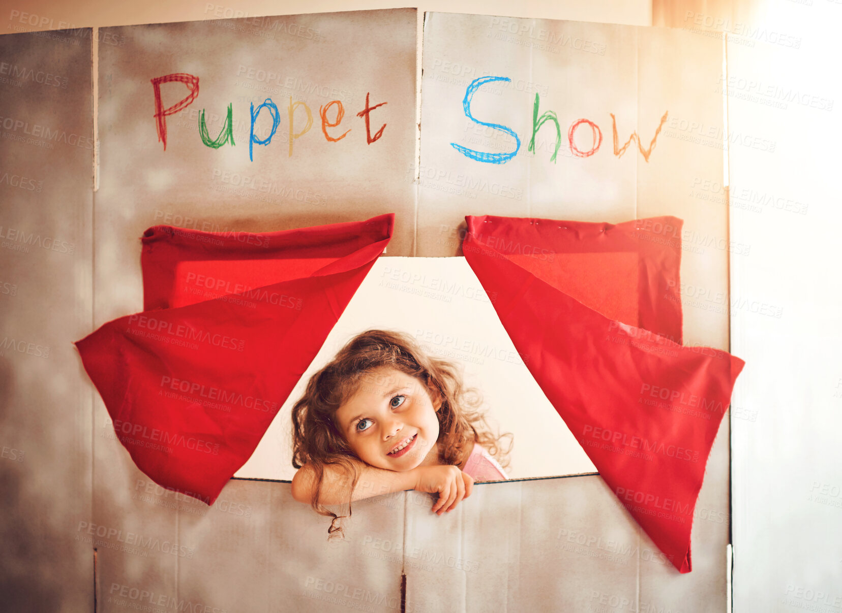 Buy stock photo Curtain, puppet show and thinking with girl child in box window for development, fantasy or growth. Idea, smile and theatre with happy young kid in home for art, creative or playful dreaming