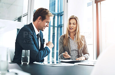 Buy stock photo Man, financial advisor and table with paperwork for discussion, contract or insurance agreement. Documents, consultation or female broker in office for investment, deal or meeting at desk with client