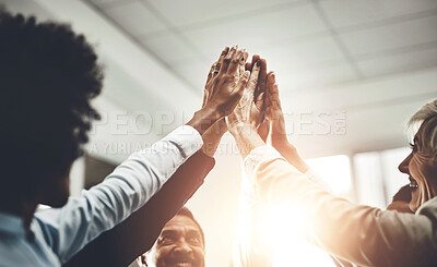 Buy stock photo Business people, high five or hands together for success, victory or meeting for corporate support. Mission, group or partnership collaboration for teamwork, target or staff synergy for motivation 