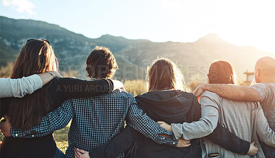 Buy stock photo Friends, sunset and group in nature with hug for adventure, travel or weekend trip in countryside. Back view, outdoor and people with embrace for vacation, support or bonding together in Australia