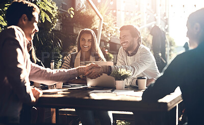 Buy stock photo Handshake, deal and group of people outdoor with agreement by contract for business meeting. Shaking hands, trust and welcome to team with employee for recruitment or partnership by collaboration