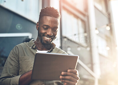 Buy stock photo Outdoor, tablet and black man with smile, online and communication with college, notification and reading. Education, campus and acceptance to university, happiness and African person in Atlanta