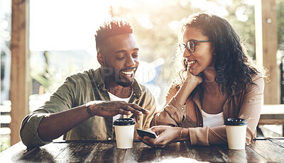 Buy stock photo Coffee, smile and couple with smartphone in cafe for internet connection, social media and online post. Happy, man and woman with technology in restaurant for love, digital communication and bonding