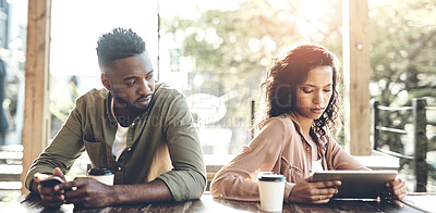 Buy stock photo Fight, tech and angry couple at a cafe with phone, tablet or argument, ignore and commitment doubt. Divorce, restaurant or overthinking man with woman liar online for dating app, cheating or betrayal