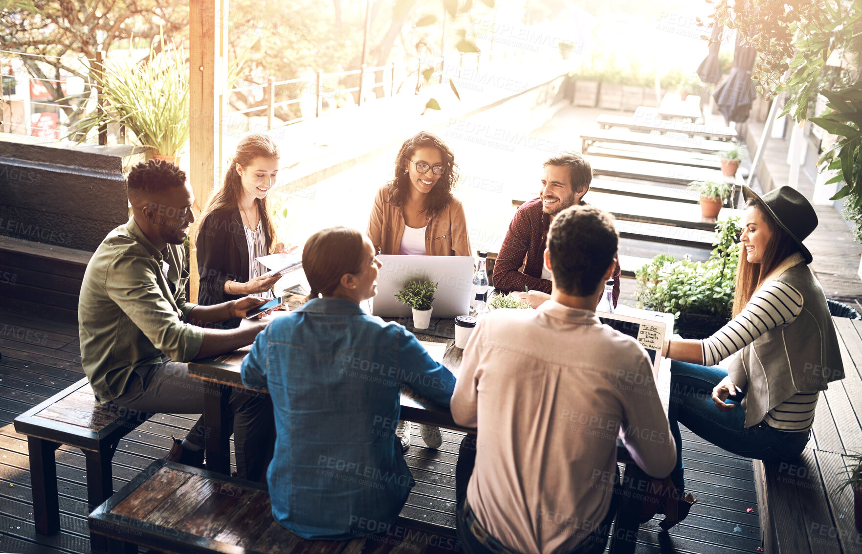 Buy stock photo Business, people and creative meeting outside or discussion, planning and website launch with designers. Teamwork, collaboration and developers together, graphic agency and brainstorming conversation
