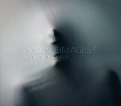 Buy stock photo Fabric, hands and trapped figure in studio with mental health, crisis and anxiety, fear and claustrophobia with mockup. Screen, person and mind conflict, trauma or psychology, art and nightmare