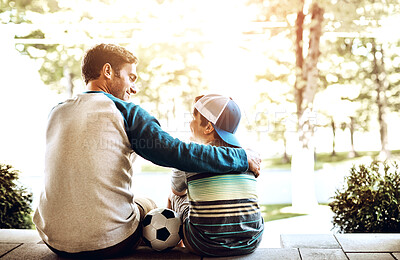 Buy stock photo Love, father support and son with soccer ball on front porch for conversation, advice or bonding. Family, safety or man with kid outdoor for football, help or talking with care for trust and security