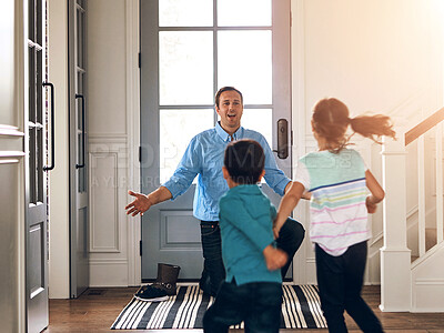 Buy stock photo Hello, front door and dad with children hug in home for greeting, welcome and bonding. Family, happy and excited father and kids in house embrace for affection, relationship and running for return