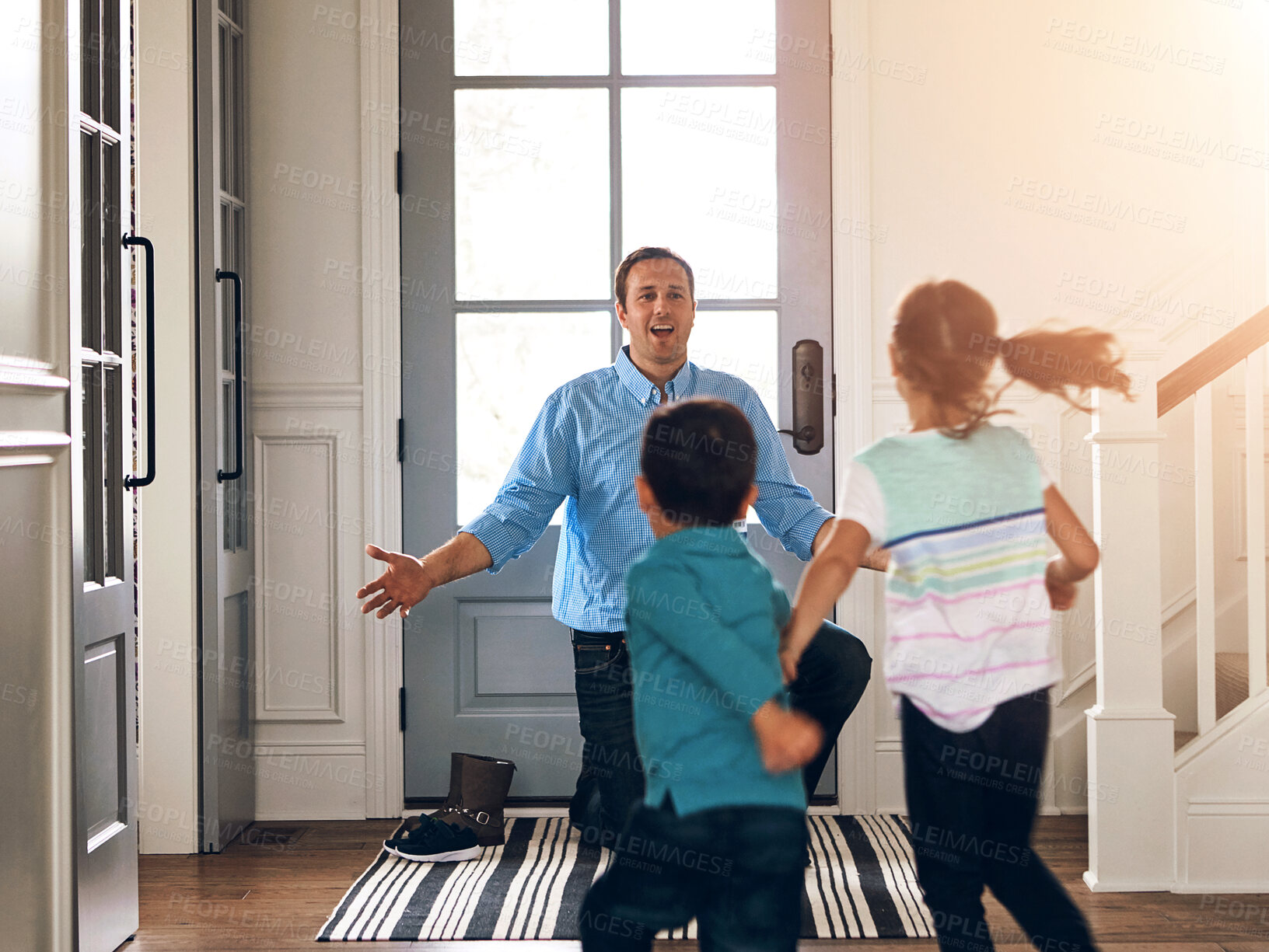 Buy stock photo Hello, front door and dad with children hug in home for greeting, welcome and bonding. Family, happy and excited father and kids in house embrace for affection, relationship and running for return