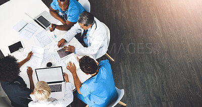 Buy stock photo Medical team, technology and meeting in office from above, paperwork and budget in hospital. Men, women and specialist at table for brainstorming, healthcare and financial planning in boardroom