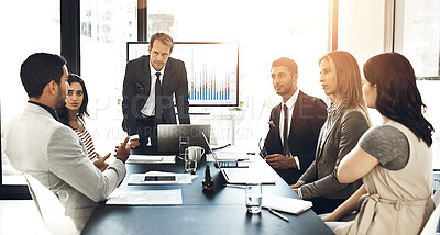 Buy stock photo Meeting, finance and business people in office with planning for corporate investment strategy. Discussion, teamwork and financial advisors with company stocks, trading or profit growth in workplace.