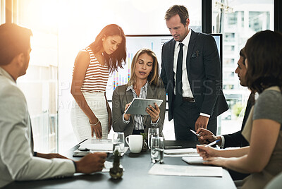 Buy stock photo Collaboration, meeting and tablet with business people at table in boardroom of office for planning. Corporate, management and technology with employee team in company workplace for online research