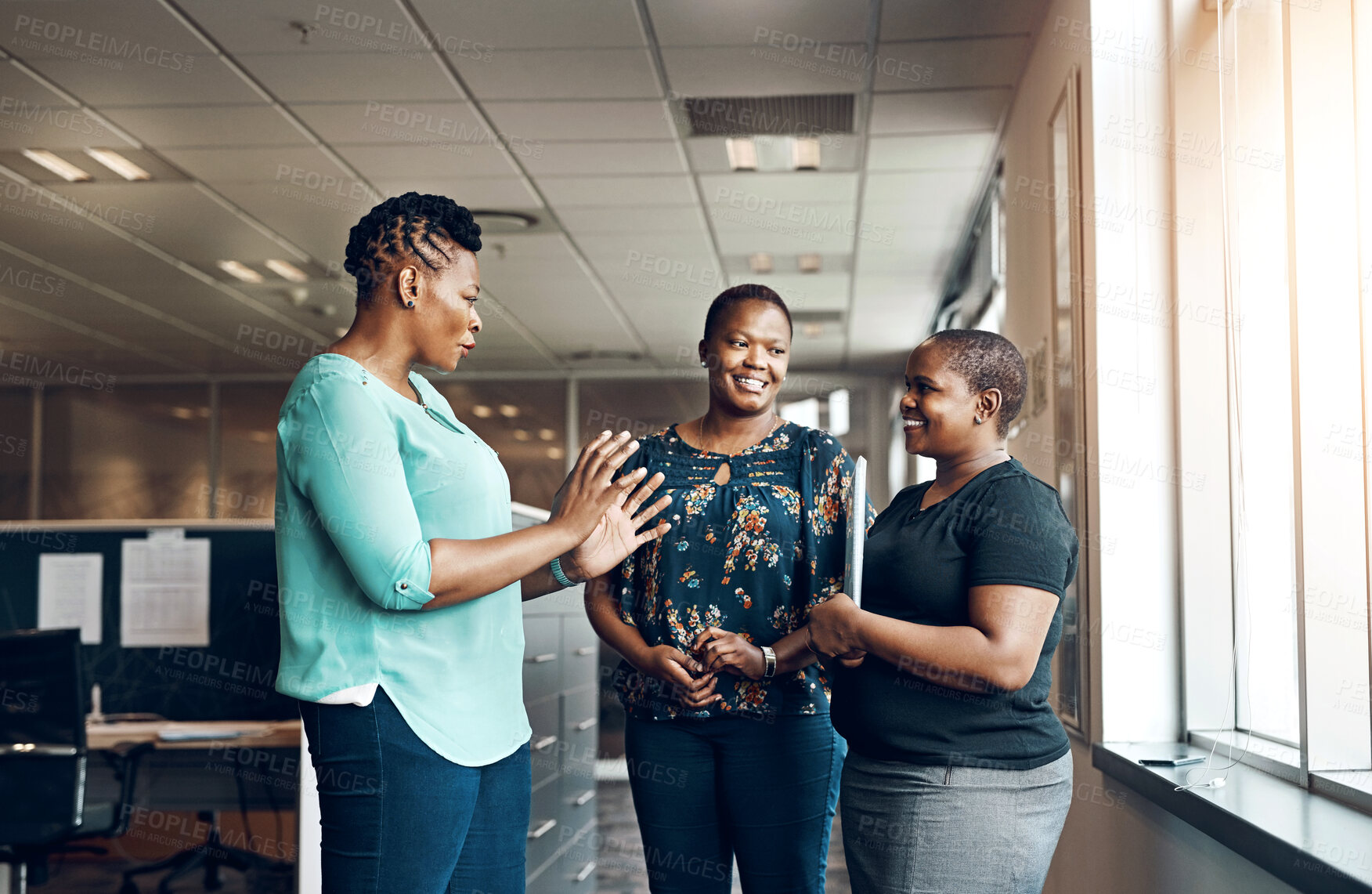 Buy stock photo Office, chat and business people with smile in conversation for teamwork, planning and coaching. Happy, black women and employees with communication at work for administration, support and feedback