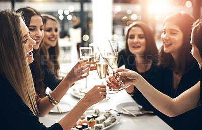 Buy stock photo Alcohol, sushi and toast with friends at dinner party together for celebration, event or social gathering. Cheers, crowd and smile with group of happy young people at restaurant venue for bonding