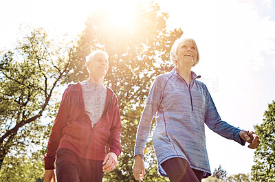 Buy stock photo Life insurance, walk and senior couple in nature for retirement, security and love in park. Elderly man, woman and together for support with leisure, happiness or fitness outdoors in Australia