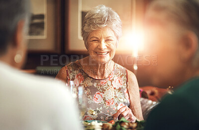 Buy stock photo Assisted living, happy and portrait of senior woman in retirement home with friends for social gathering. Face, relax or smile and elderly people in apartment together for dinner, hunger or meal