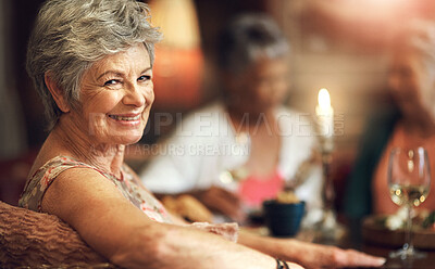 Buy stock photo Assisted living, portrait and smile of senior woman in retirement home with friends for social gathering. Face, happy or relax and elderly people in apartment together for dinner, hunger or meal