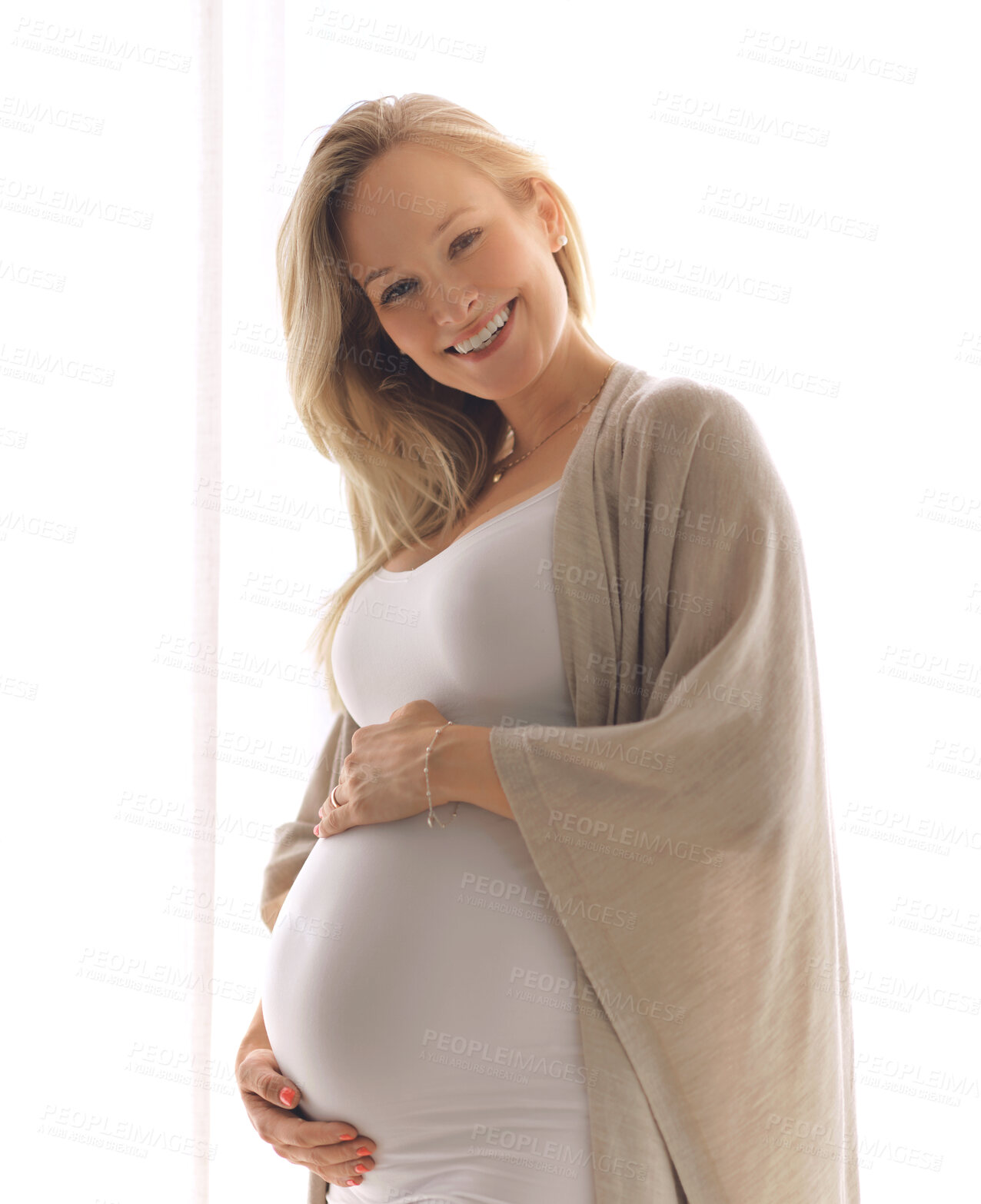 Buy stock photo Home, pregnant and happy woman in portrait for motherhood, future mama and prenatal care. Pregnancy, girl and touching belly in apartment, healthy abdomen and stomach for unborn infant in maternity