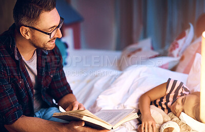 Buy stock photo Father, daughter and book with reading at night in bed for fantasy, fairytale storytelling and learning in home. Family, girl and dad in bedroom with novel for language development, bonding and care