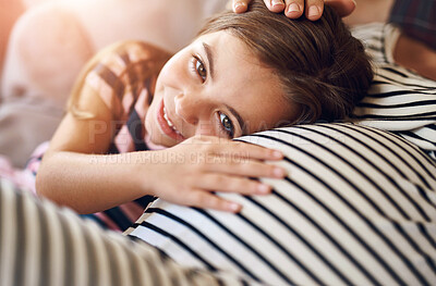 Buy stock photo Love, child and stomach listening in home for baby movement with bonding, care and support. Young girl, family and pregnant mother together with smile and happy from pregnancy with ear to belly