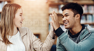 Buy stock photo Women, man and high five at university for education, teamwork or success for thesis. Students, celebrate and happiness with hands together for knowledge, collaboration or partnership for school work