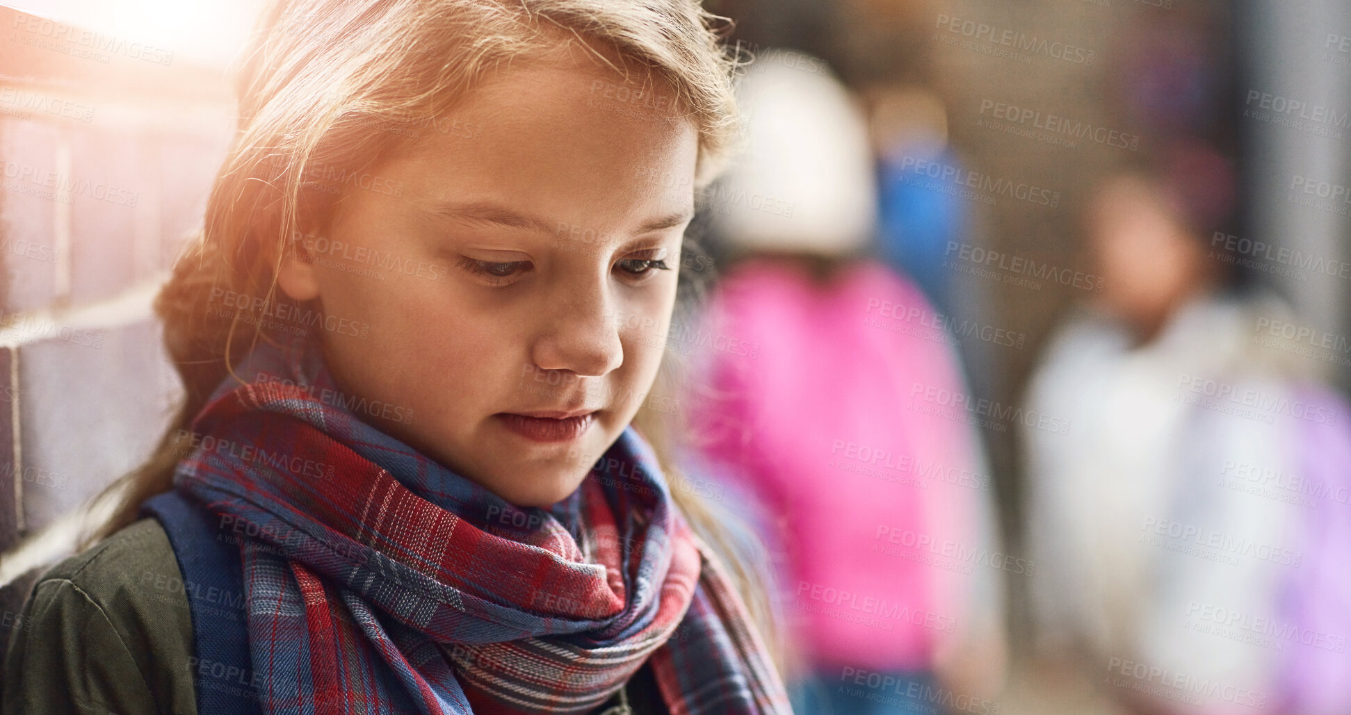 Buy stock photo Bullying, lonely and outcast with child student in hallway of school for depression or mental health. Anxiety, education and thinking with sad learner alone at school as victim of intimidation